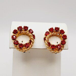Vintage Red Rhinestone Gold Rope Clip Earrings – 7/8 Inch Sparkle